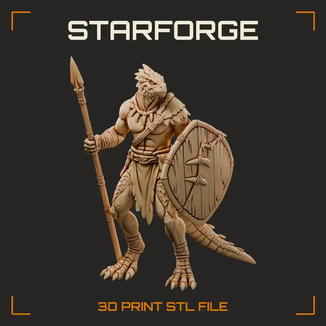 Lizardfolk Warrior with Leaf-Bladed Spear Plank Shield Fang Necklace and Spiked Tail - 3D Printable STL File