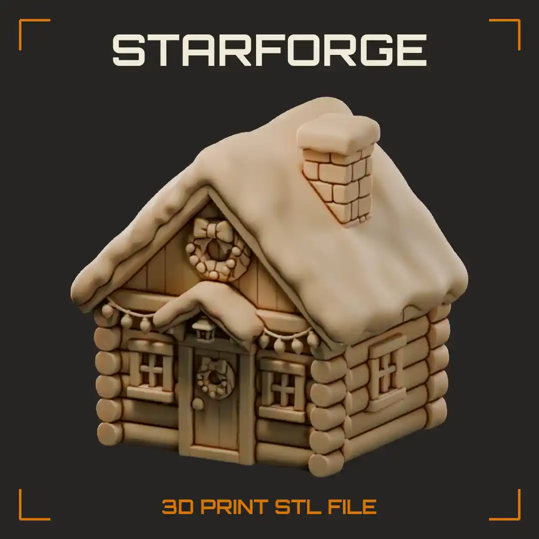 Log Cabin Christmas House With Stacked Logs Stone Chimney Porch And Snowy Roof