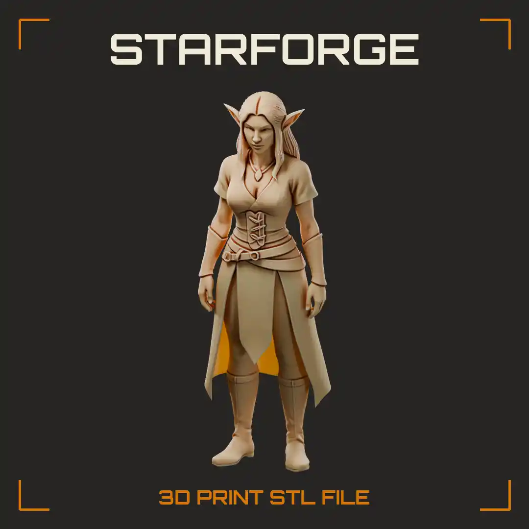 Long-Haired Elf Woman in Laced Corset Bodice Split Skirt and Tall Boots