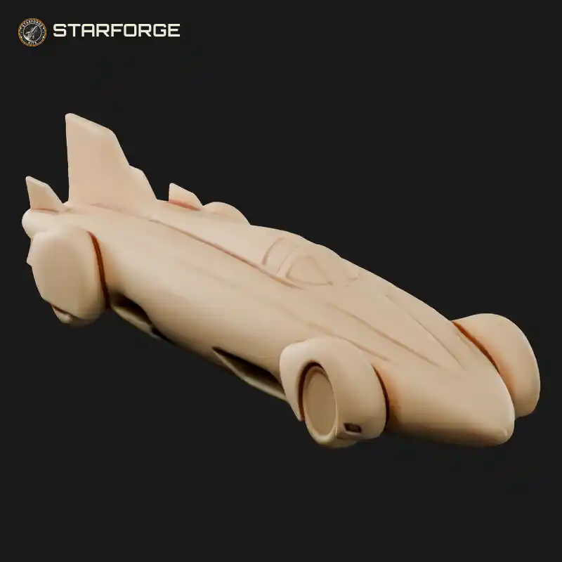 Long Streamlined Record Car With Covered Wheels Tail Fin And Tiny Canopy