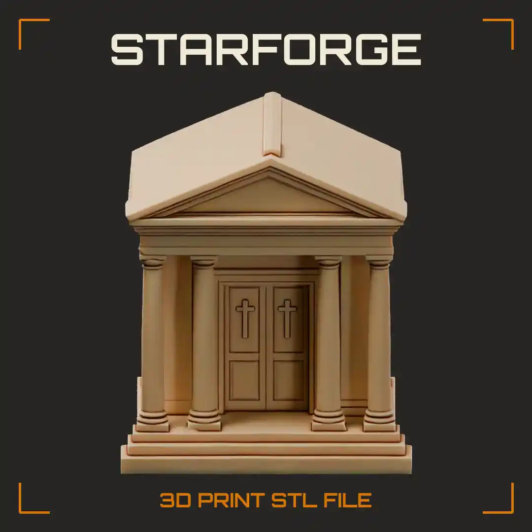 Mausoleum with Columned Portico Pediment Roof Bronze Door and Stone Steps