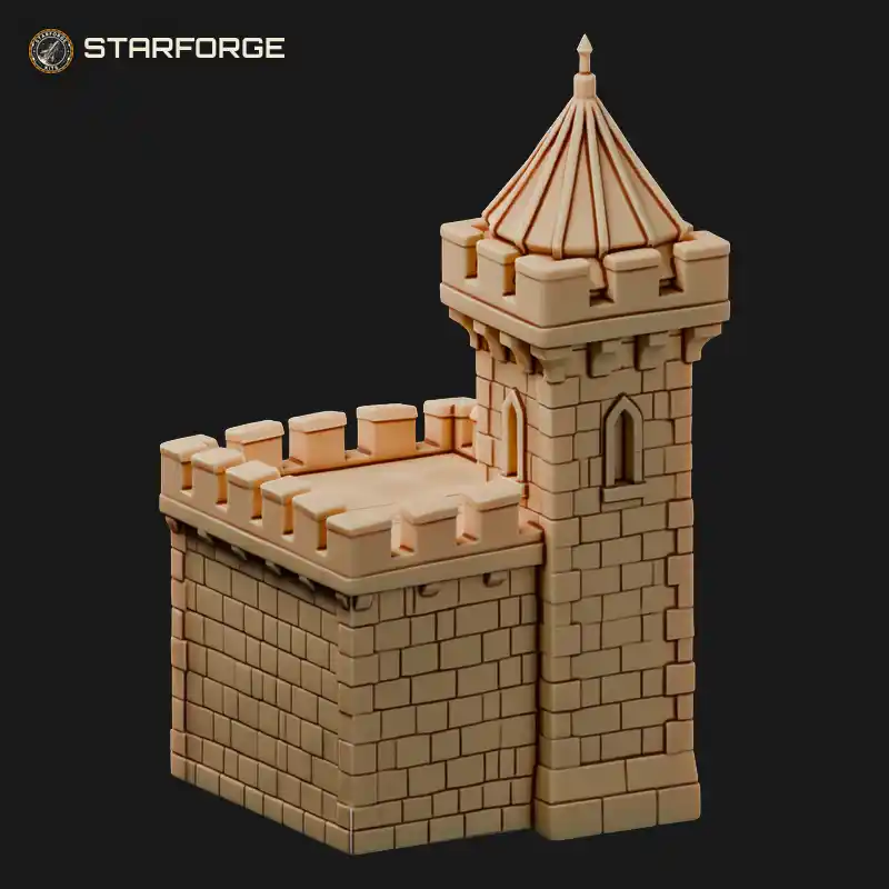Medieval Castle Corner Tower with Conical Roof Battlements Arrow Slits and Wall Stubs