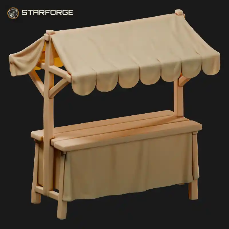 Medieval Market Stall with Cloth Canopy Wooden Counter Baskets and Hanging Produce