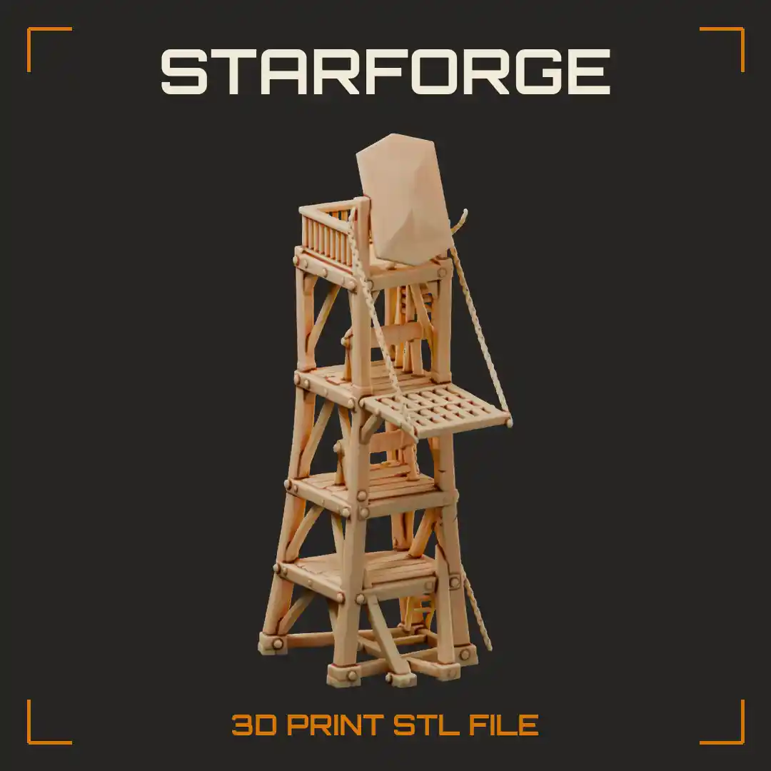 Medieval Wooden Siege Tower with Timber Lattice Frame Drawbridge Platform and Upper Battlement Deck