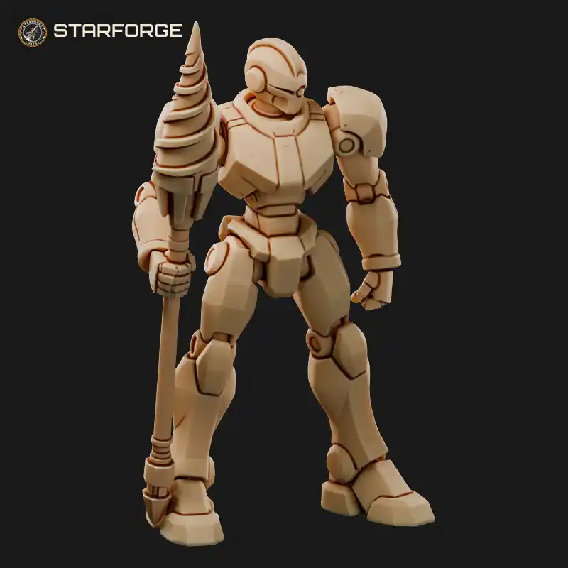 Metal Robot Mech With Long Spear and Spinning Drill Tip