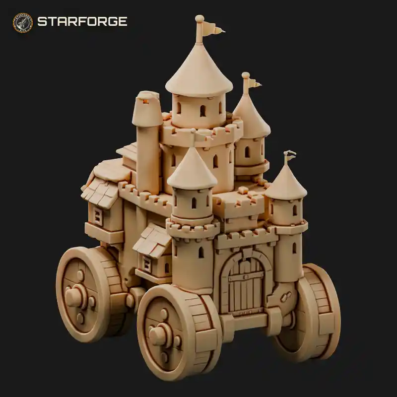 Mobile Castle on Rolling Wheels with Gatehouse Towers and Crenellated Walls