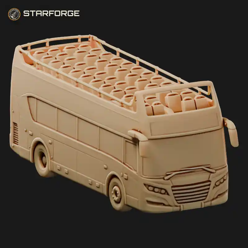 Modern Double Decker Tour Bus with Open Top Upper Deck Railings Stairs and Large Windows