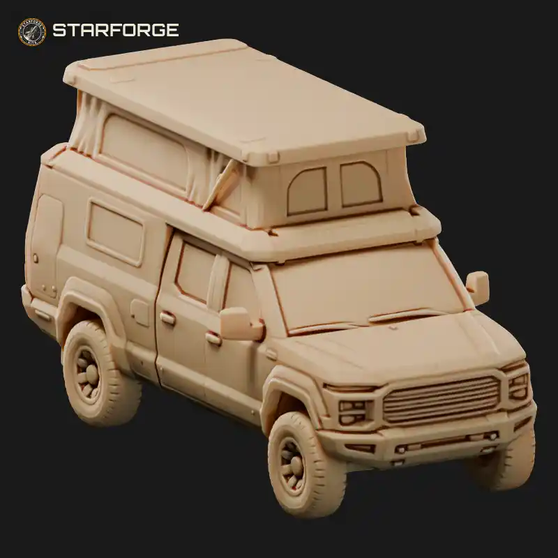 Modern Overland Camper Truck with Pop Top Roof Box Body and Roof Rack
