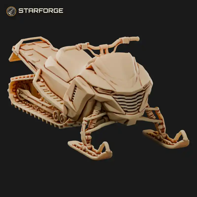 Modern Snowmobile with Long Rubber Track Angular Hood Front Skis Tall Handlebars and Running Boards