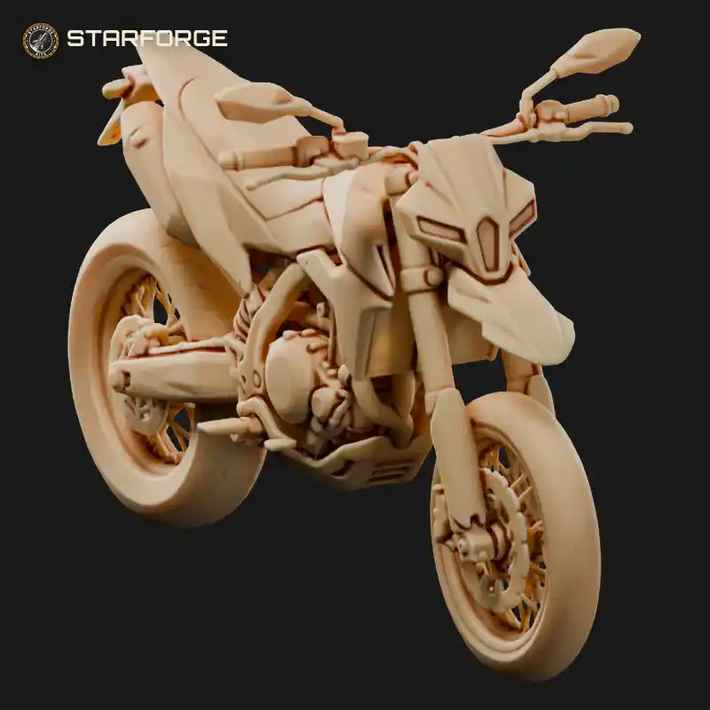Modern Supermoto Motorcycle with Road Tires Wire Wheels Tall Suspension Beak Fender and Disc Brakes