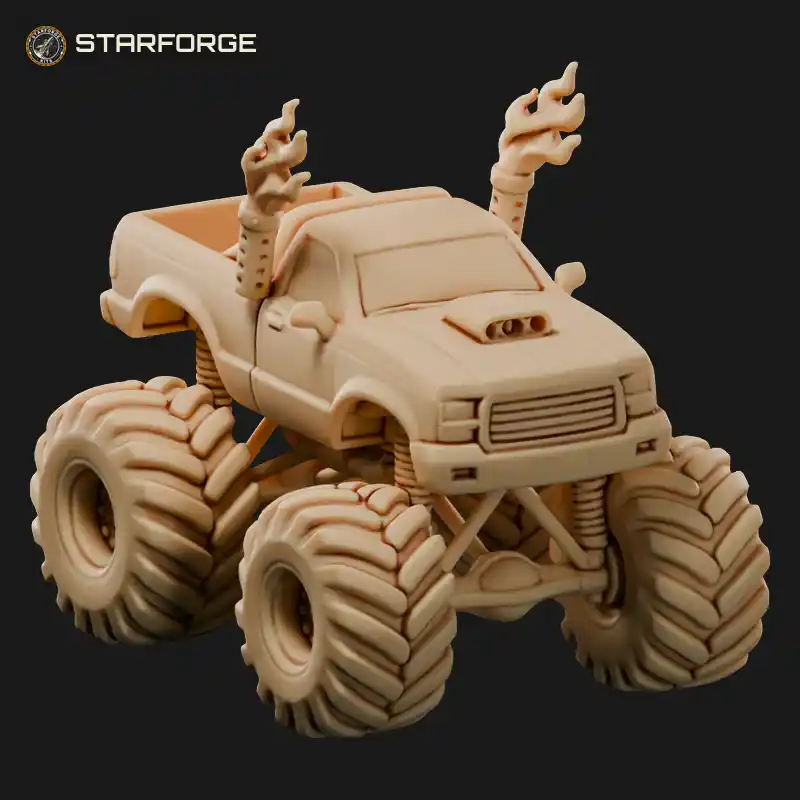 Monster Truck with Flame Exhausts Roll Cage Body and Huge Lugged Tires