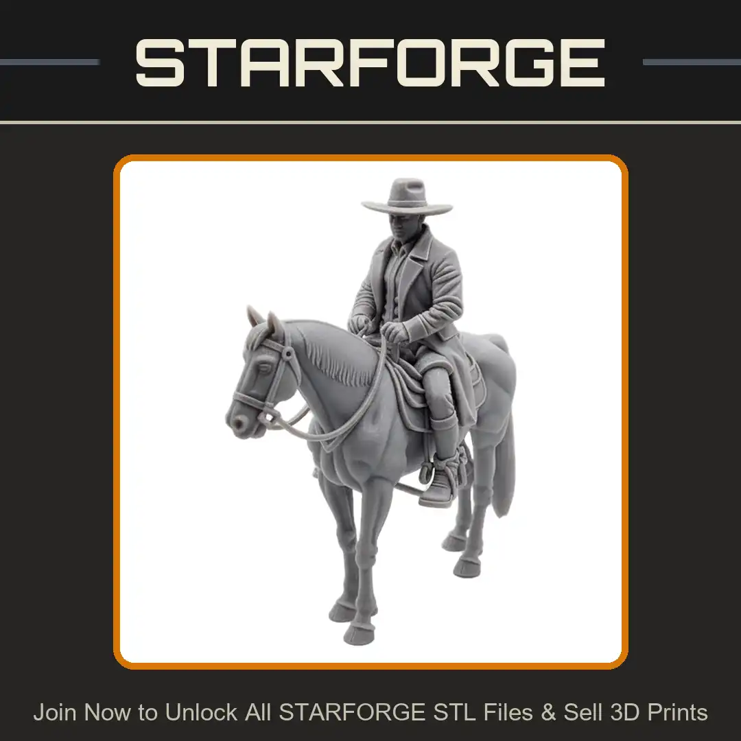 Mounted Western Cowboy Gunslinger Outlaw Duster Coat Hat Horse Saddle Lasso Spurs Stirrups - 3D Printable STL File