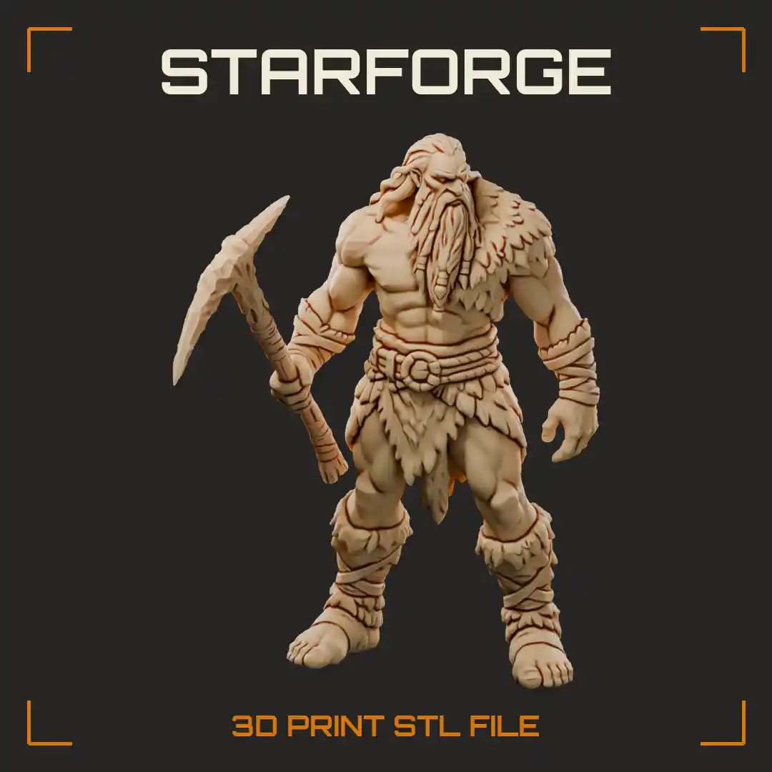 Muscular Bearded Barbarian with Fur Mantle Wrapped Leg Bindings Barefoot Stride and Bone Pickaxe - 3D Printable STL File