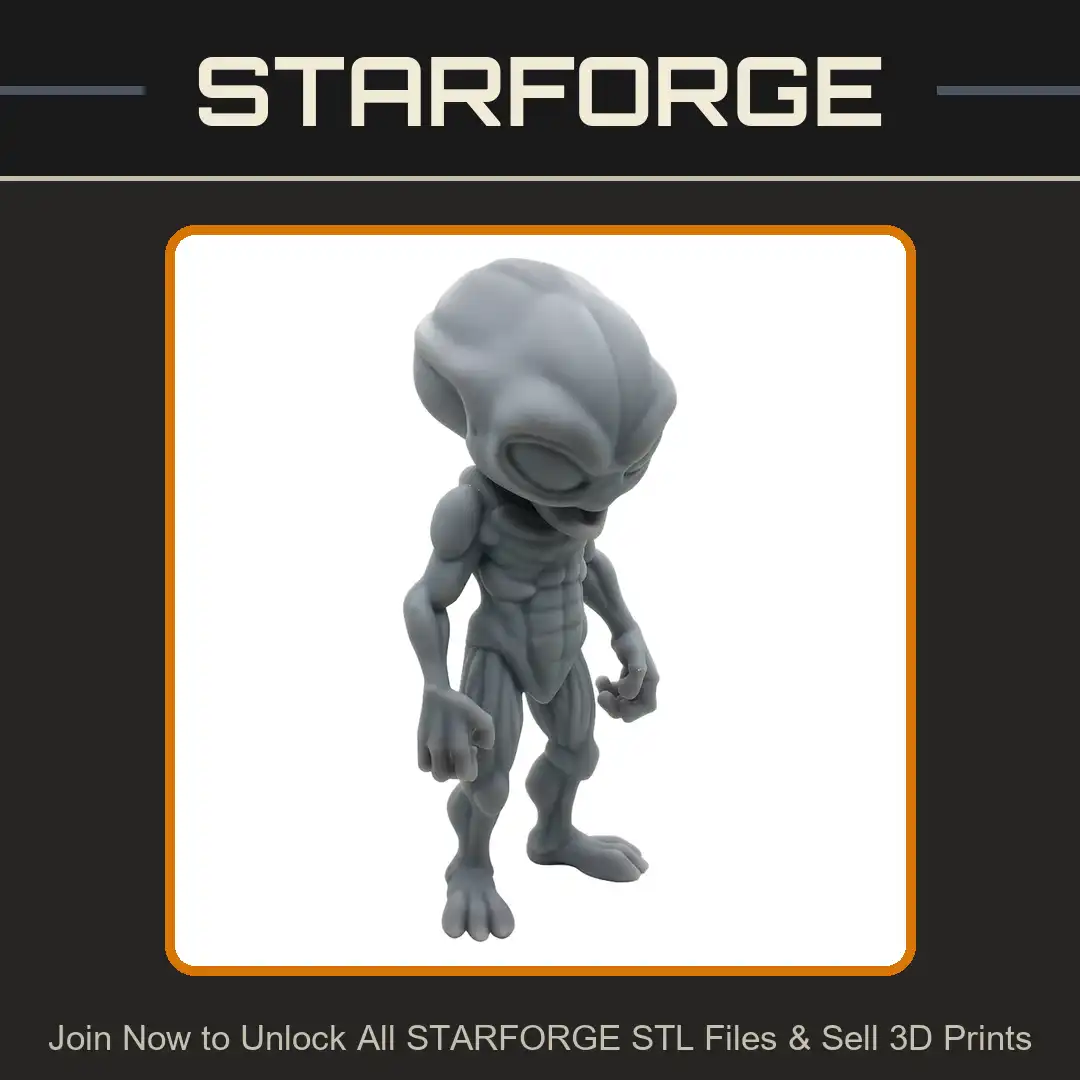 Muscular Chibi Grey Alien Humanoid Large Head Almond Eyes Standing Six Pack Abs Buff - View 1 of 2