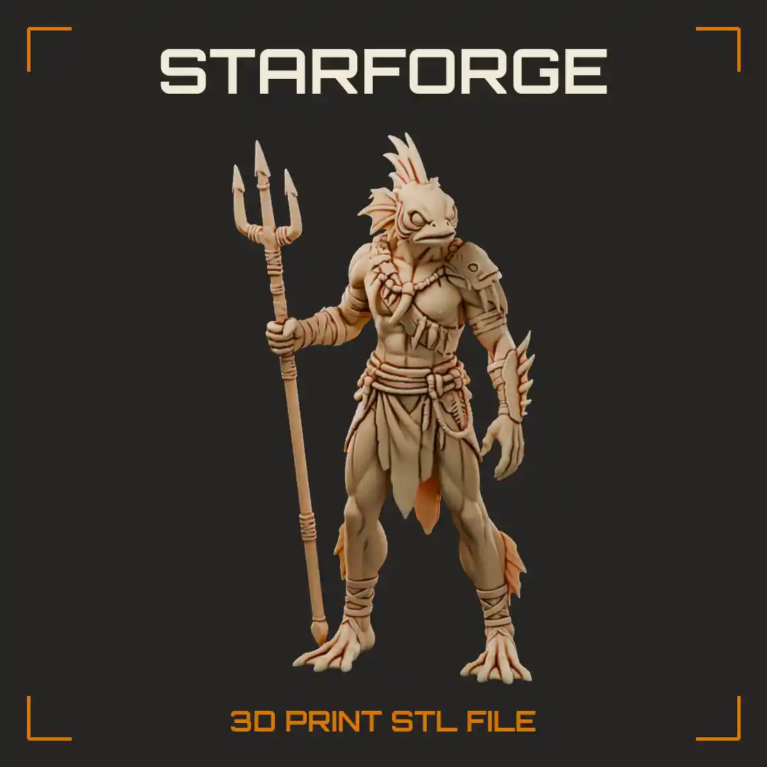 Muscular Fish Folk Warrior with Crest Fang Necklace Tribal Loincloth Webbed Feet and Barbed Trident - 3D Printable STL File