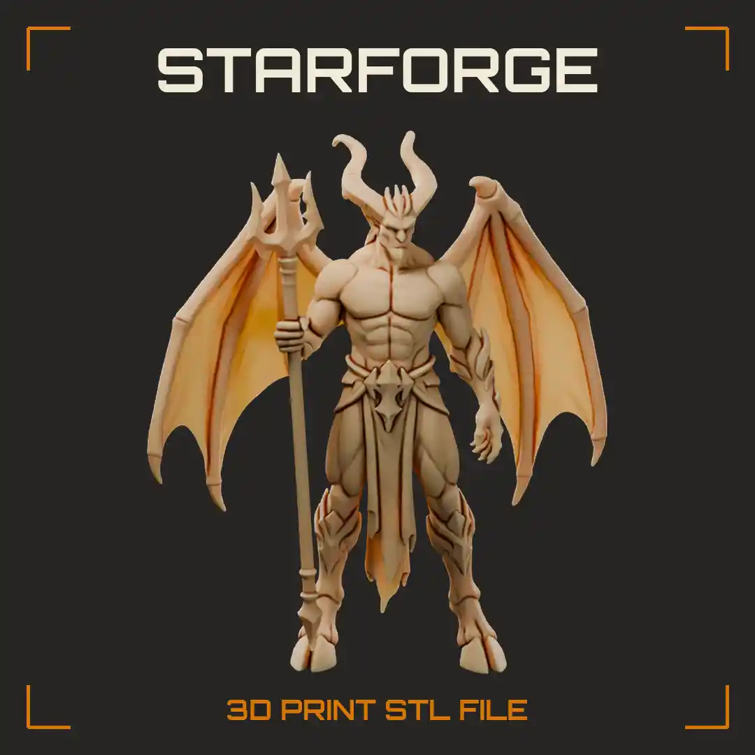 Muscular Horned Demon Lord with Spread Bat Wings Hooved Legs and Tall Trident - 3D Printable STL File