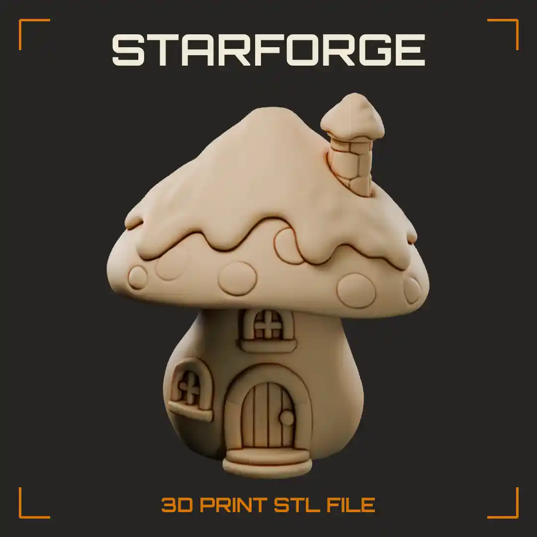 Mushroom House with Spotted Snowy Cap Round Door and Tiny Windows