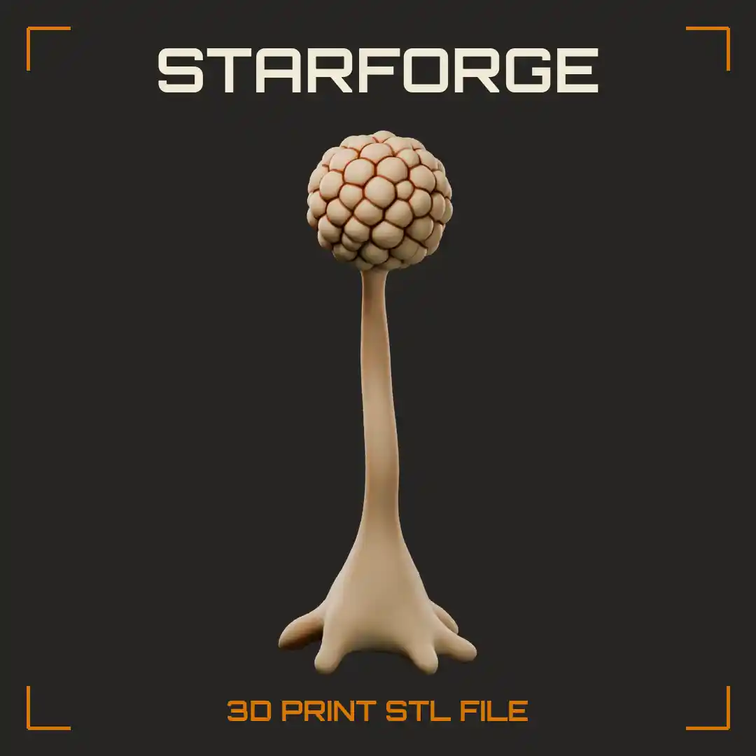 Myxobacteria Fruiting Body with Tall Curved Stalk Spreading Lobed Base and Spore Cluster Head - 3D Printable STL File