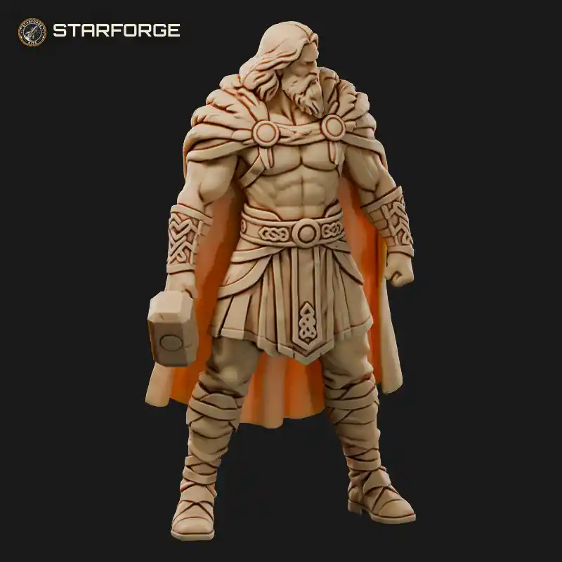 Norse God Statue with Hammer Winged Helmet and Braided Beard on Plinth