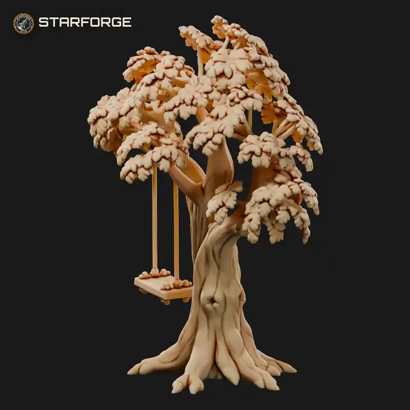 Oak Tree With Rope Swing Wooden Seat Thick Branches And Root Base
