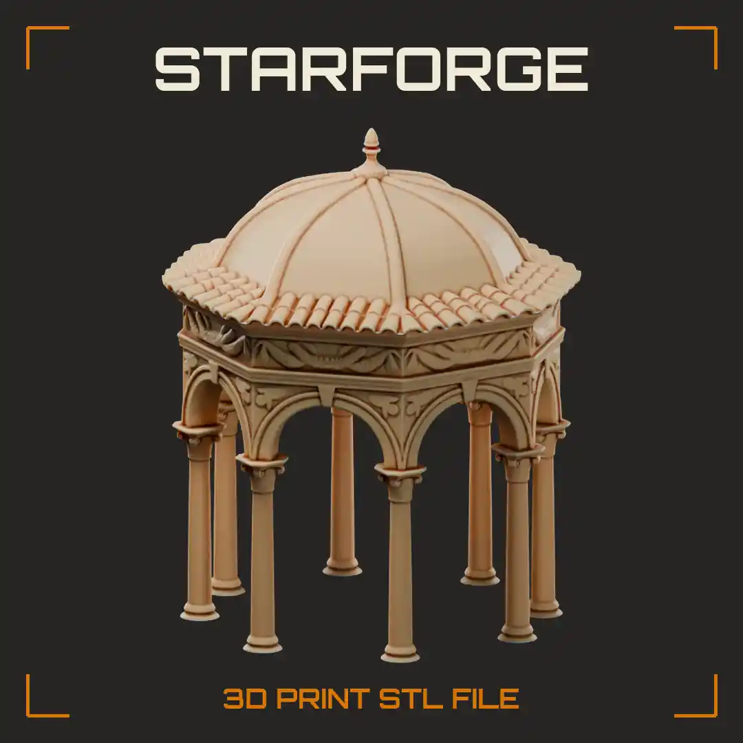 Octagonal Domed Pavilion with Ribbed Cupola Tiled Eaves and Carved Arched Colonnade