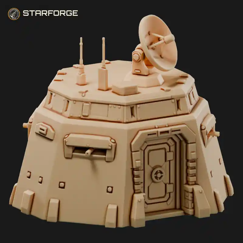 Octagonal Sci-Fi Command Bunker with Armored Hatch Door Gun Slits Antennas and Satellite Dish