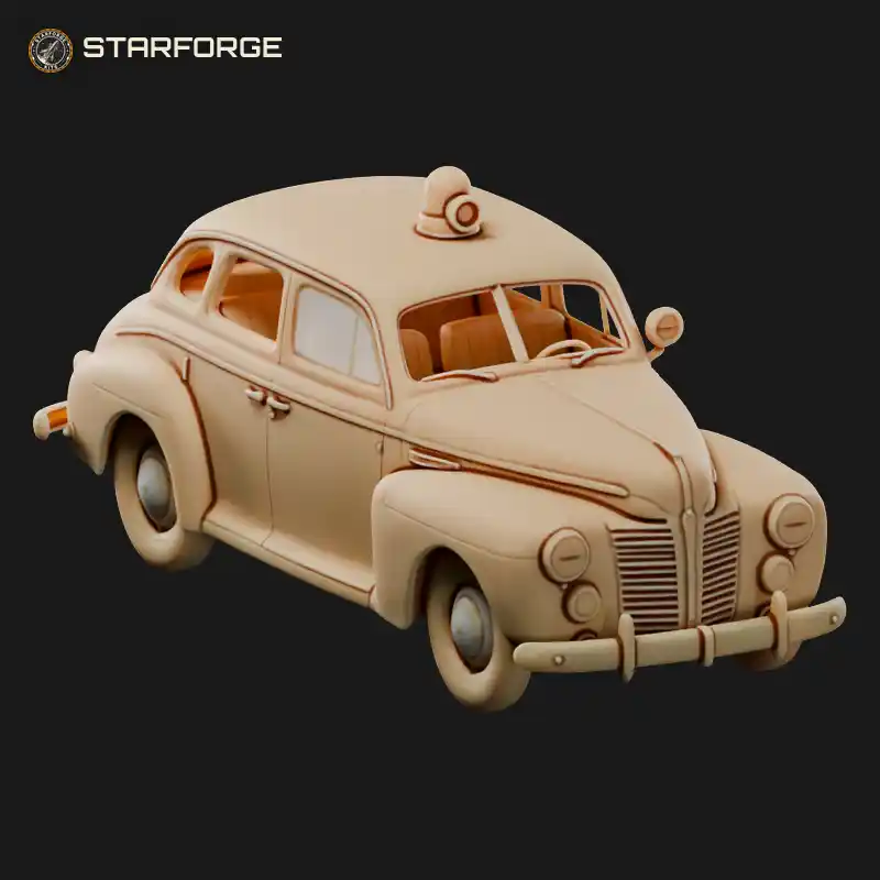 Old Police Car 1940s Sedan With Roof Siren Spotlight And Round Fenders
