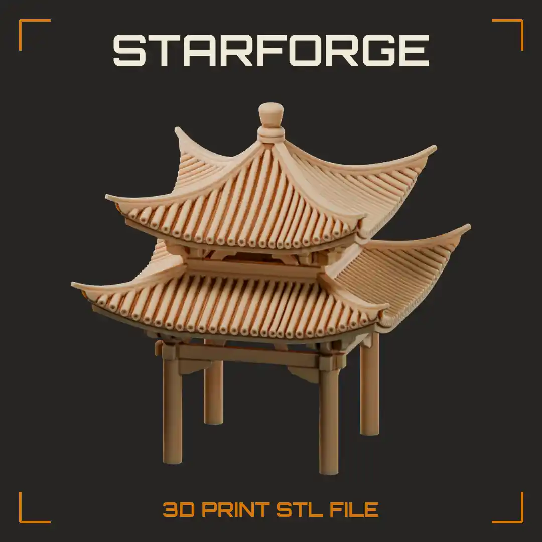 Open Four-Post Pavilion with Double Tiered Upswept Roofs and Ribbed Tile Finial - 3D Printable STL File