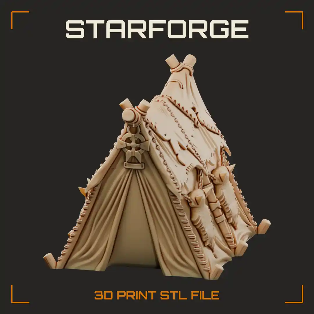 Orc War Tent with Hanging Hide Shields Crossed Pole Ridge and Draped Canvas