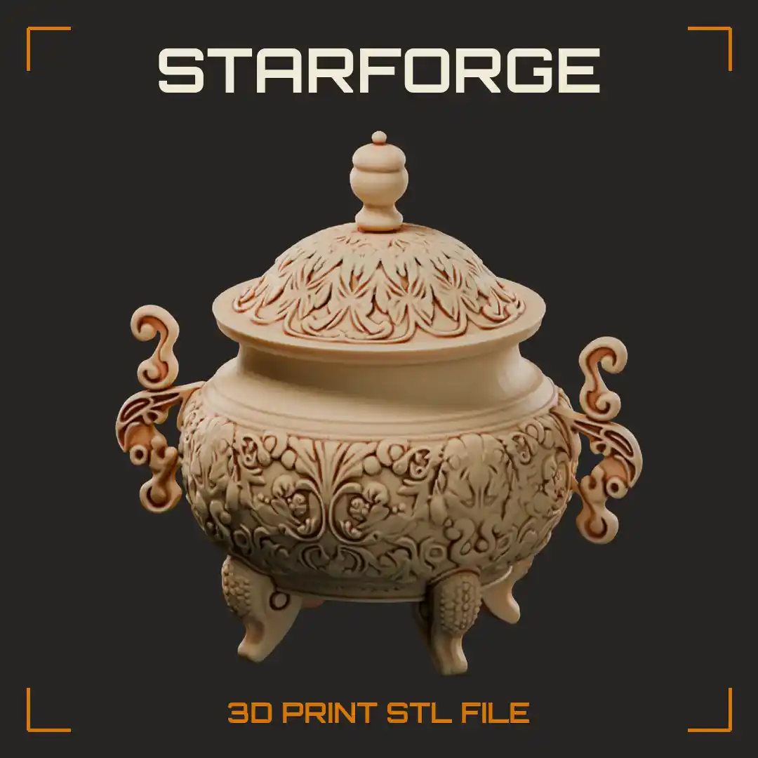 Ornate Bronze Incense Burner with Floral Relief Domed Lid and Scroll Handles - 3D Printable STL File