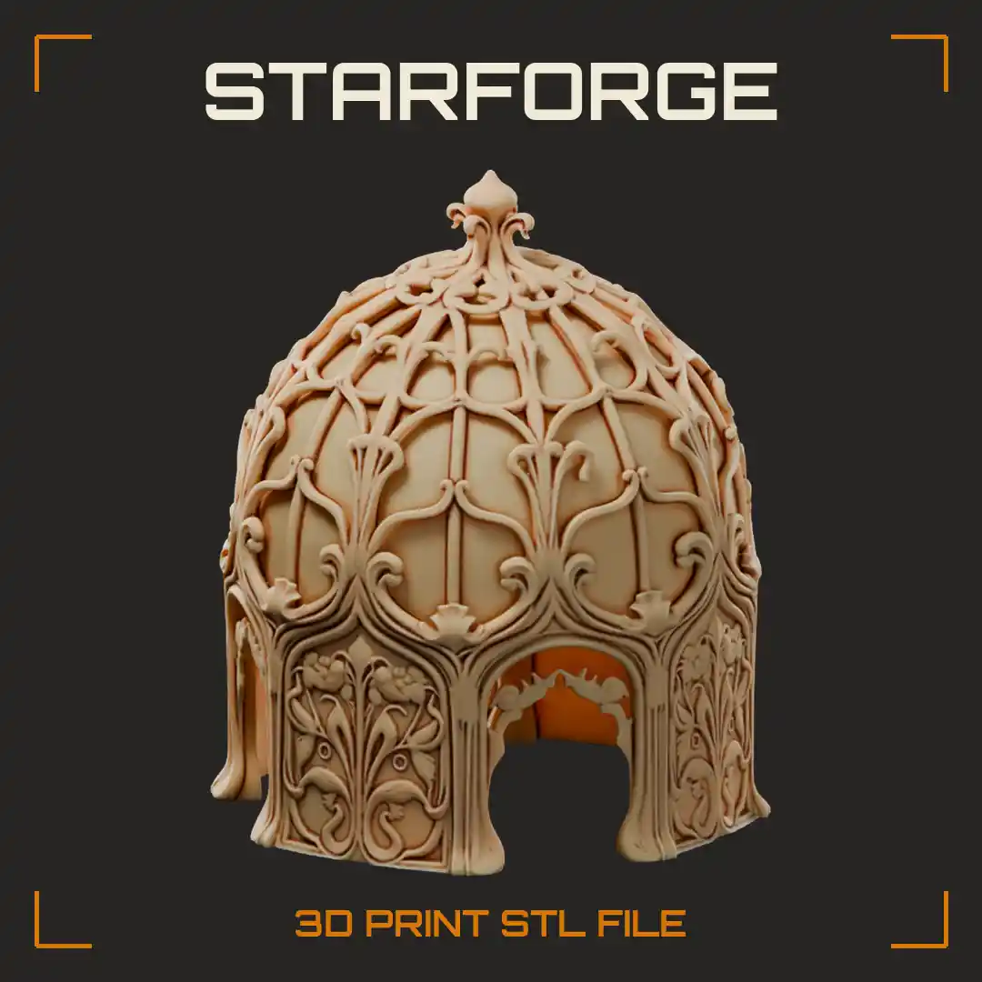 Ornate Filigree Dome Pet Hide with Arched Doorways and Finial Spire