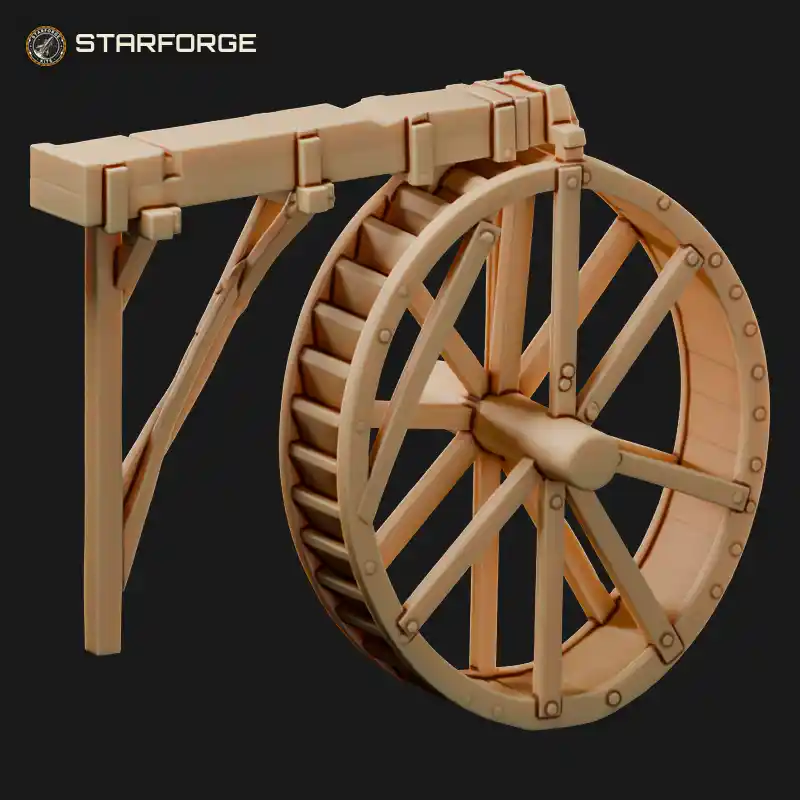 Overshot Water Wheel with Wooden Buckets Iron Axle Spokes and Timber Flume