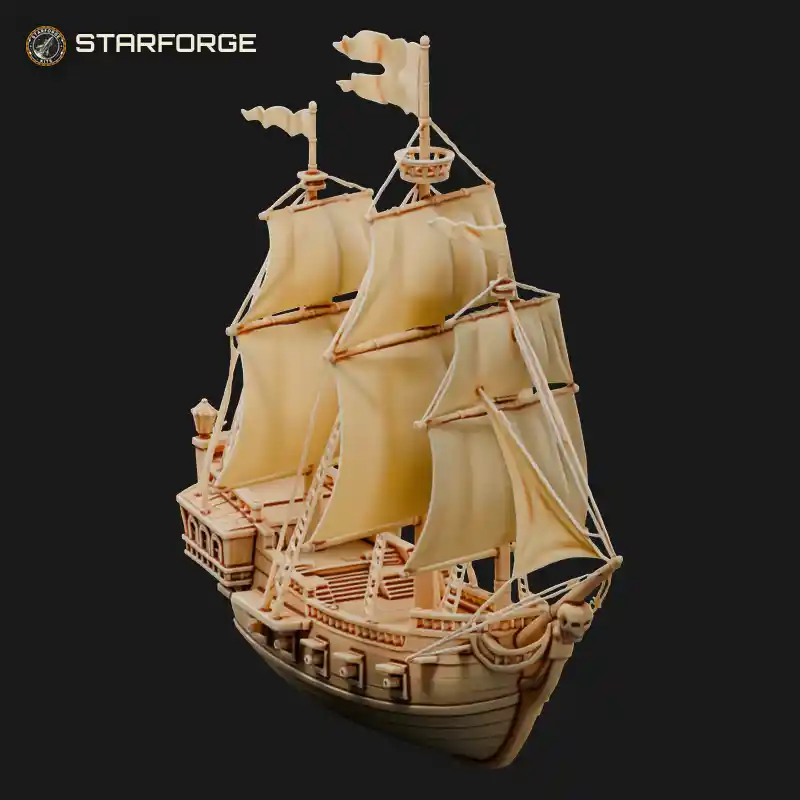 Pirate Ship With Black Sails Three Masts Cannon Ports And Carved Stern Gallery