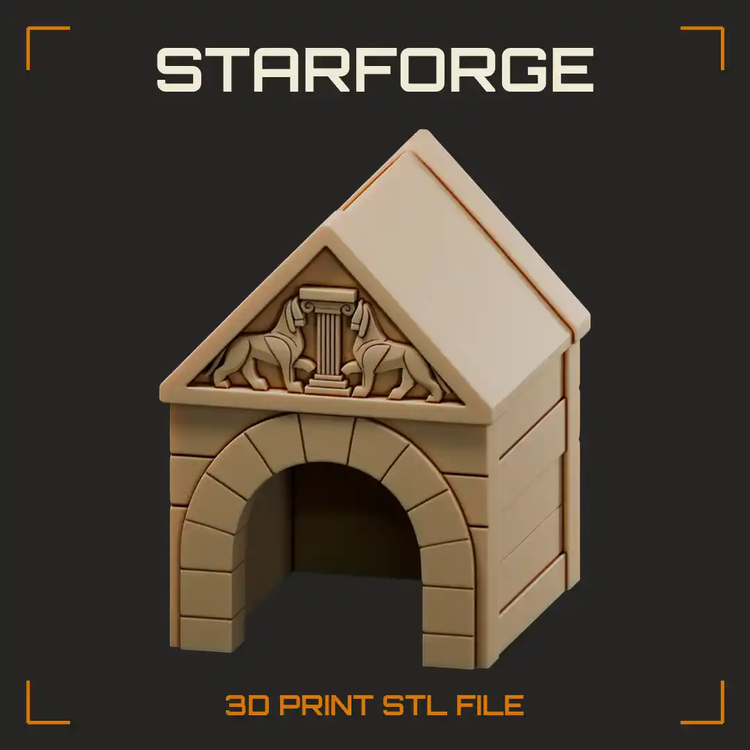 Plank Doghouse Pet Hide with Arched Stone Doorway and Twin Lion Pediment Crest