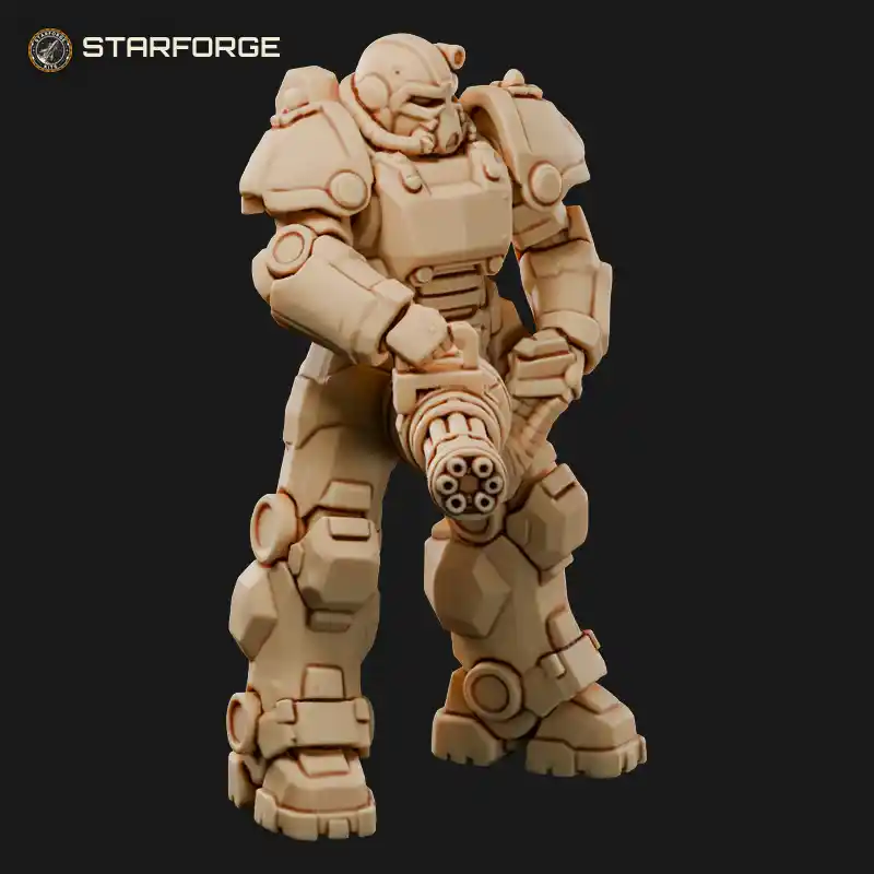 Power Armor Mech with Minigun Arm Ammo Backpack and Heavy Plating