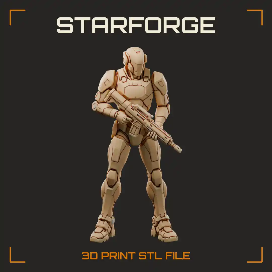 Power Armored Space Marine Trooper with Smooth Visor Helmet Shouldering Panelled Assault Rifle - 3D Printable STL File