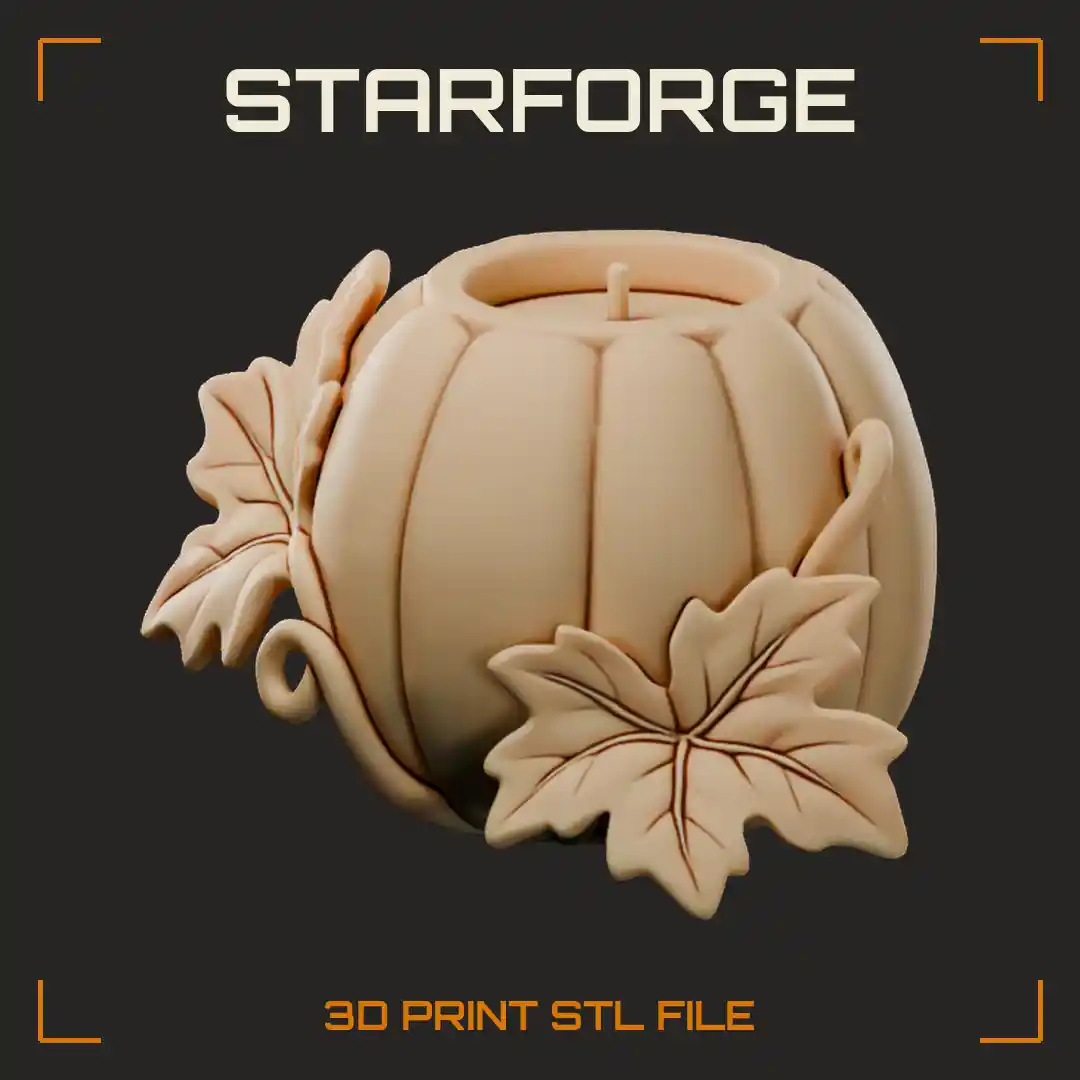 Pumpkin Candle Holder with Taper Cup Ribbed Pumpkin Base Curled Vines and Leaves