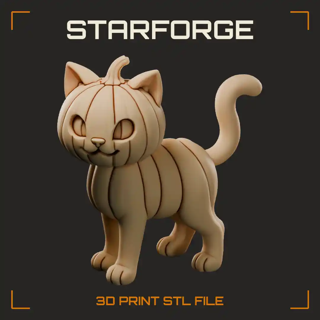 Pumpkin Cat With Pointed Ears Carved Whiskers Ribbed Body Curled Tail And Leafy Stem