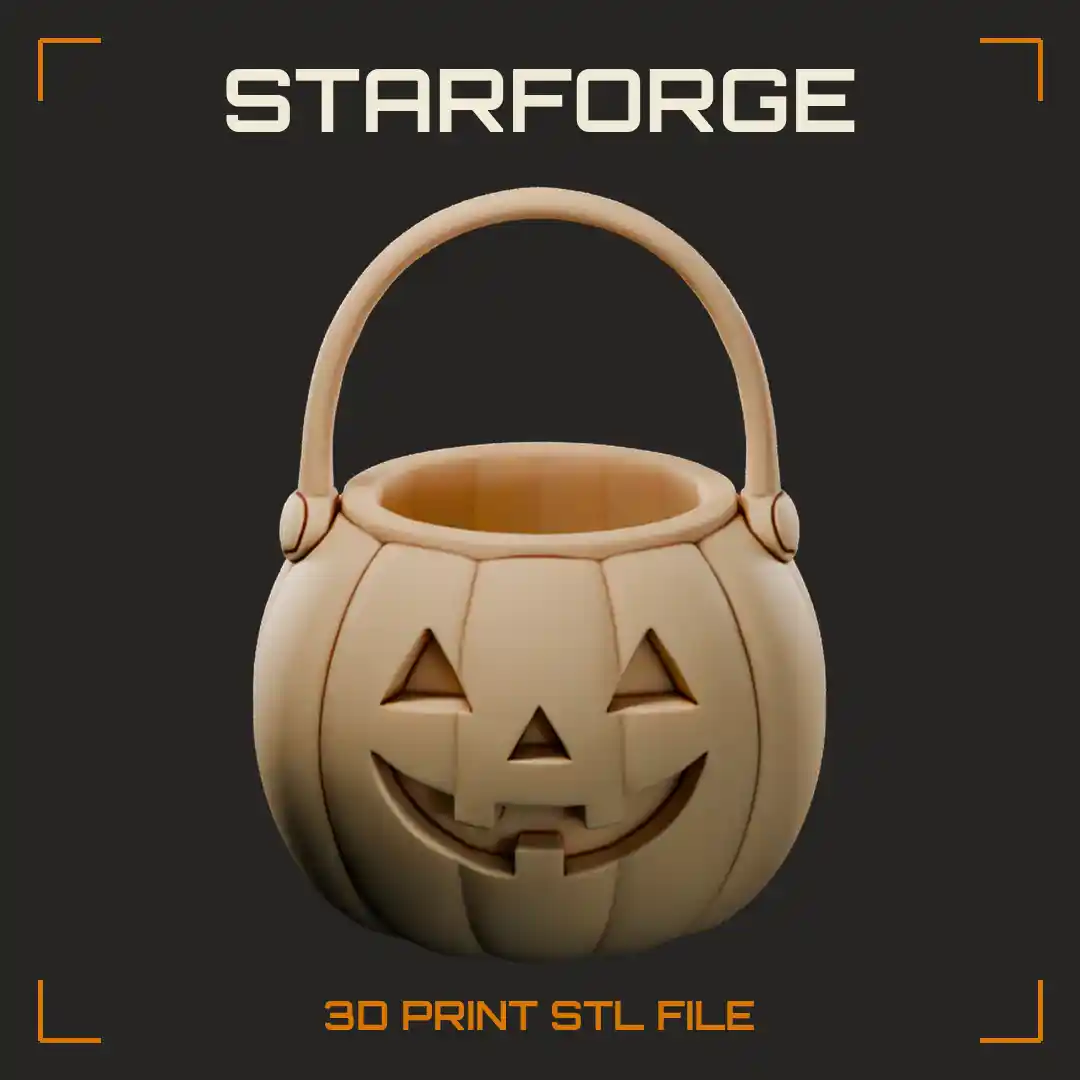 Pumpkin Trick or Treat Bucket with Carved Face Ribbed Sides and Arched Handle