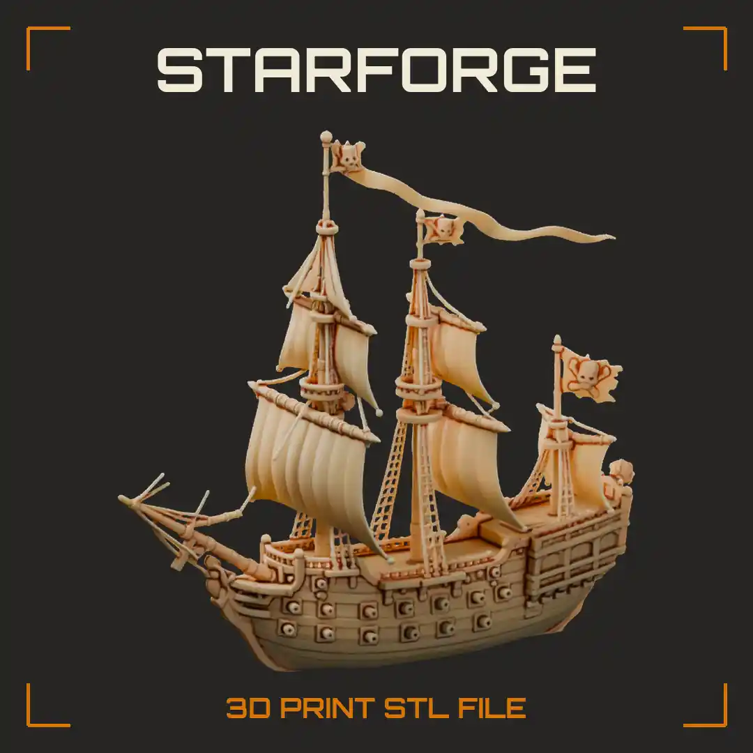 Queen Annes Revenge Pirate Ship Three Masted Frigate with Square Sails and Gun Ports