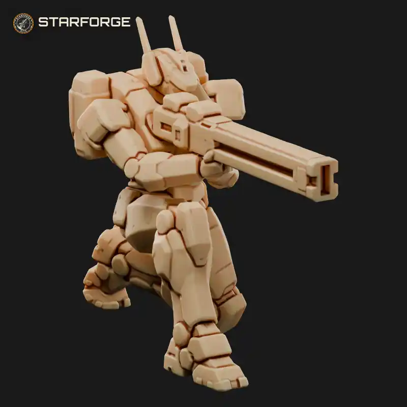 Railgun Mech Kneeling With Braced Leg Anchors and Capacitor Packs