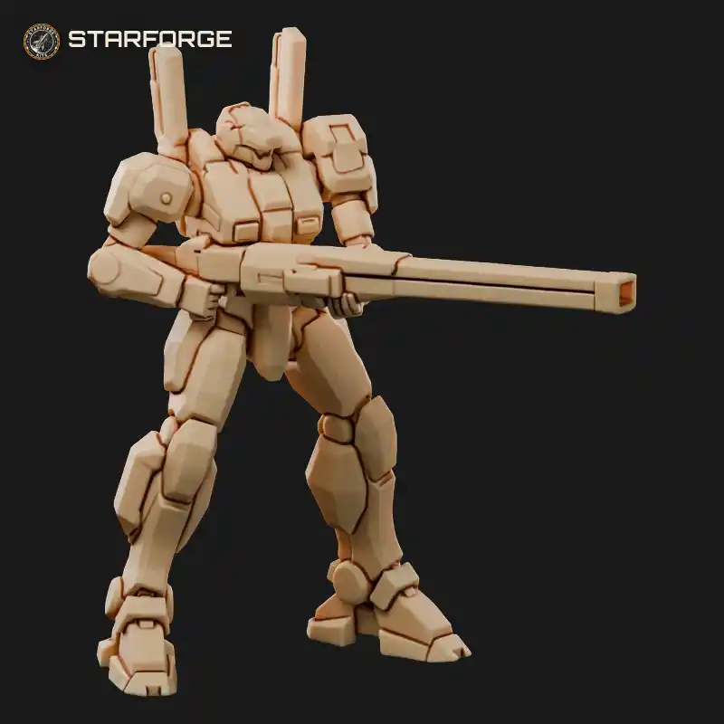 Railgun Mech With Long Shoulder Barrel Armored Legs and Power Cables