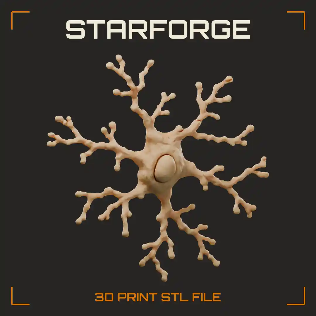Ramified Microglia Brain Immune Cell with Nucleus and Finely Branched Knobby Processes - 3D Printable STL File