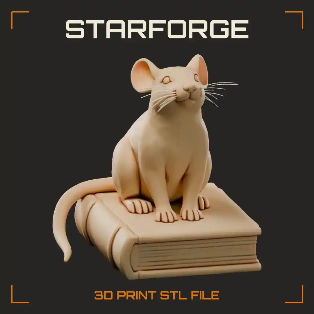 Rat Sitting on a Book with Long Tail Whiskers Round Ears and Tiny Paws