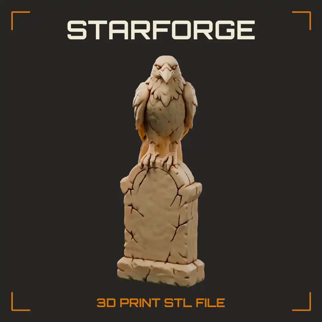 Raven Figurine Perched on Gravestone with Folded Wings Sharp Beak and Gripping Talons