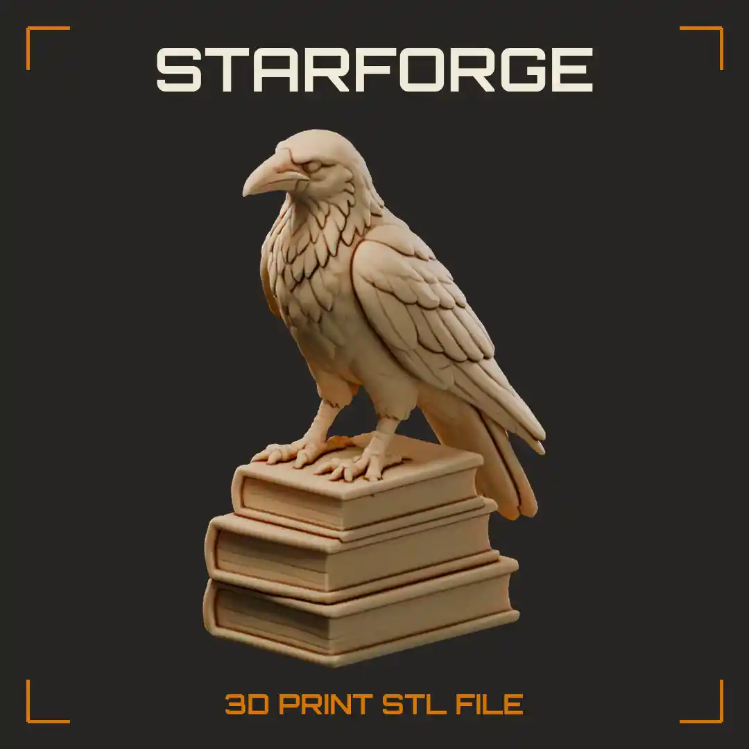 Raven Statue on a Book Stack with Folded Wings Shaggy Throat and Thick Beak