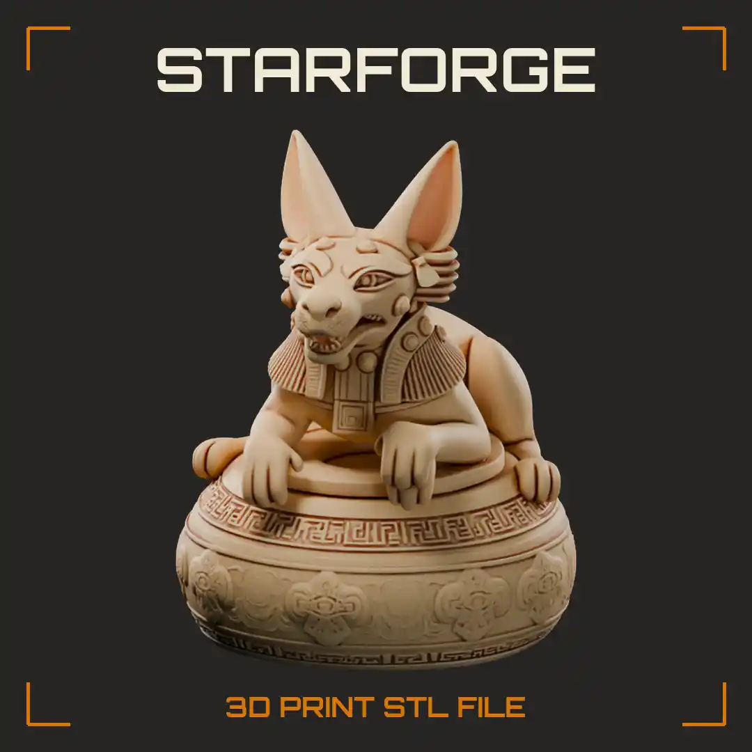 Reclining Jackal Beast with Beaded Collar Atop Carved Canopic Jar Lid - 3D Printable STL File