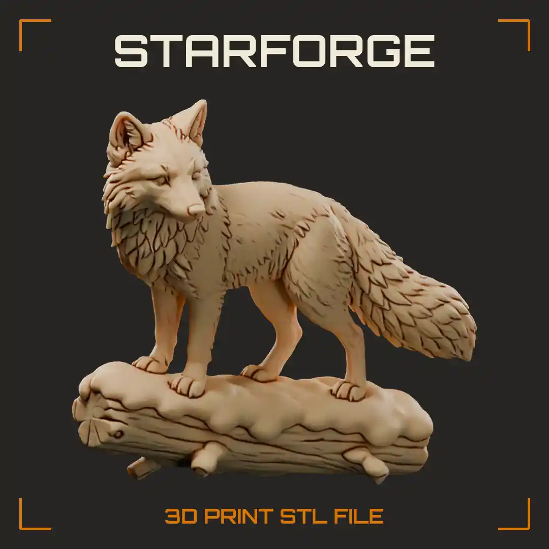 Red Fox Standing with Raised Paw Bushy Tail and Snowy Log Base