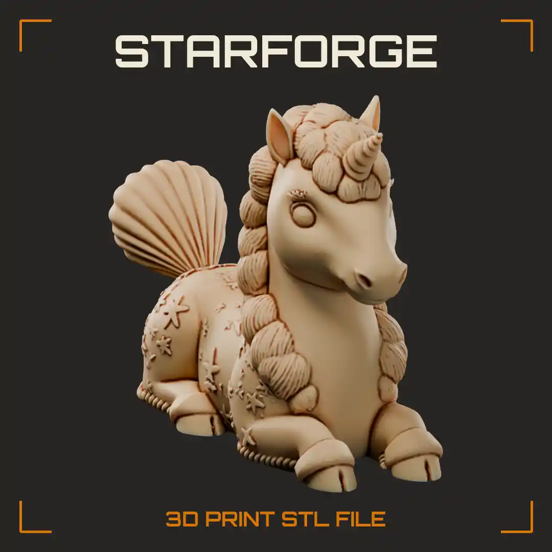 Resting Unicorn Foal with Braided Mane Seashell Tail and Star-Patterned Coat