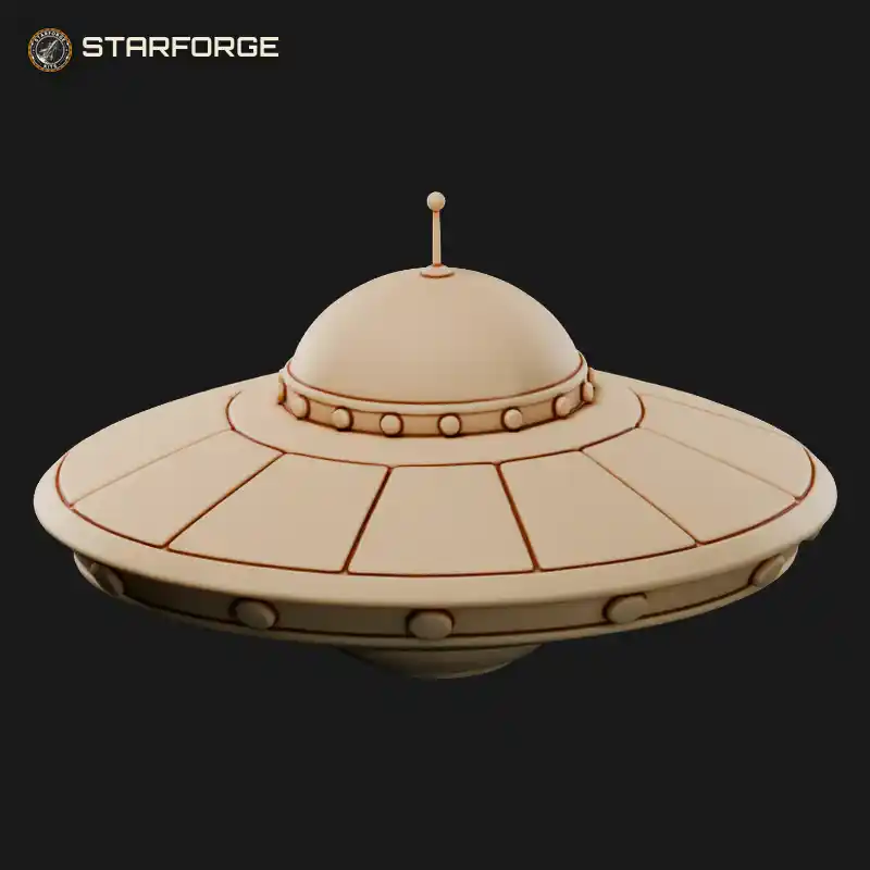 Retro-Futuristic Flying Saucer with Glass Dome Rim Lights and Tripod Landing Legs